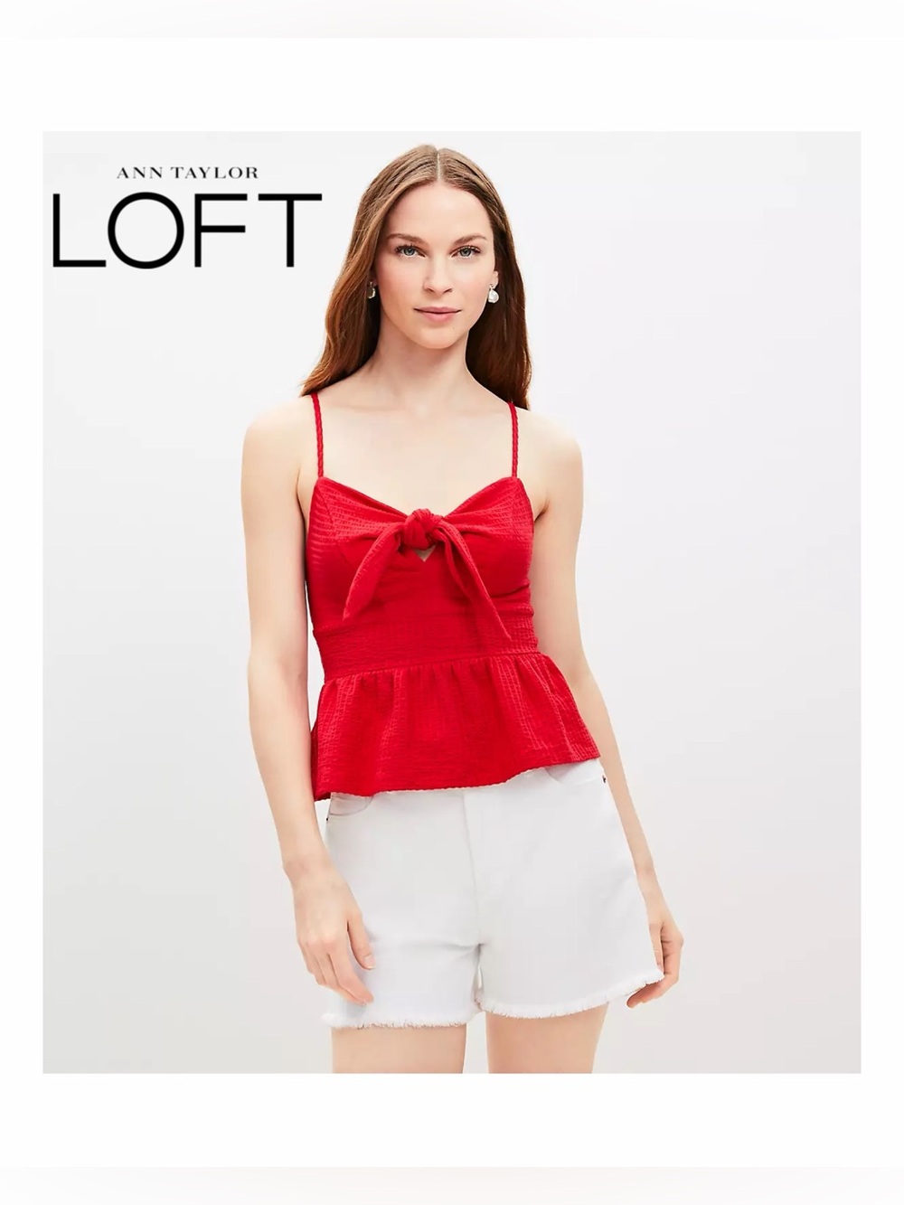 🆕 NWT LOFT Textured Tie Front Cami in Tango Red size S
